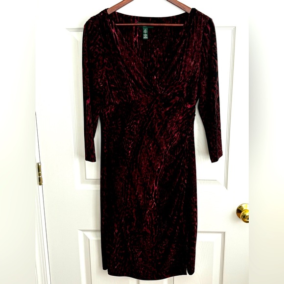 NWOT LAUREN RALPH LAUREN V NECK WRAP STYLE LONG SLEEVE BLACK/WINE DRESS SZ. 8 - Picture 5 of 13